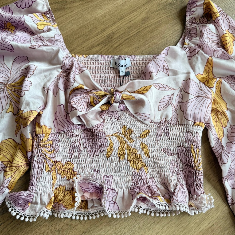 NWT En Saison Floral Smocked Puff Sleeve Crop Top Pink Yellow Size M - Picture 2 of 6